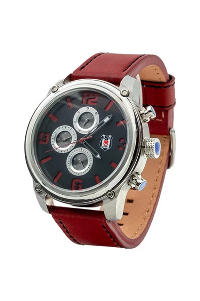 Beşiktaş Orijinal Multifonksiyon Erkek Kol Saati Kırmızı Deri Kordonlu Hediyelik Ahşap Kutulu - 3