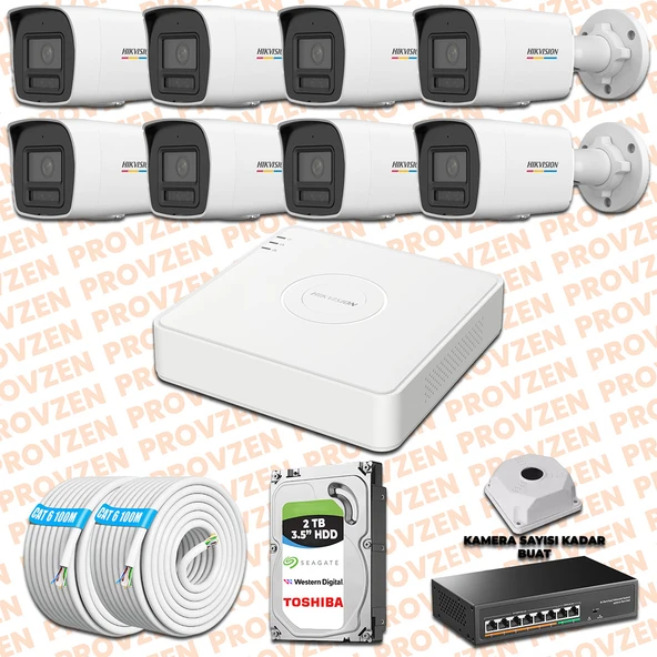 Provzen Hikvision 8 İp Güvenlik Kamerası Seti 4mp Colorvu Hibrit