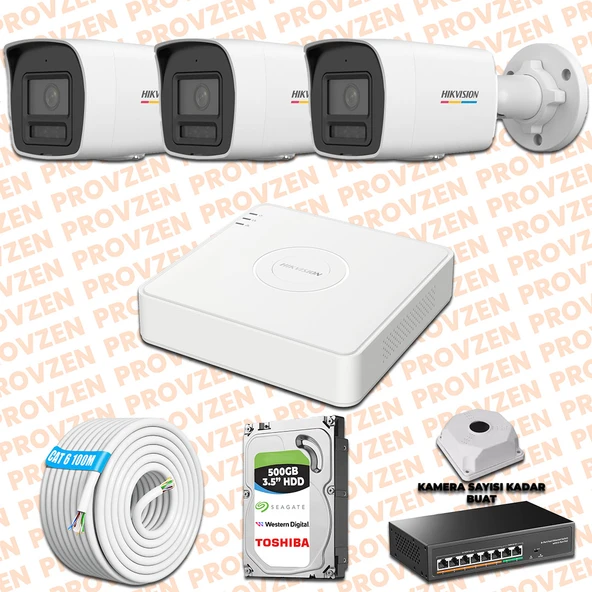 Provzen Hikvision 3 İp Kameralı Colorvu Hibrit Güvenlik Kamerası