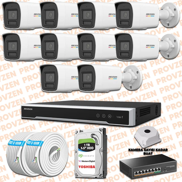 Provzen Hikvision 10 İp Kameralı Colorvu Hibrit Güvenlik Kamerası