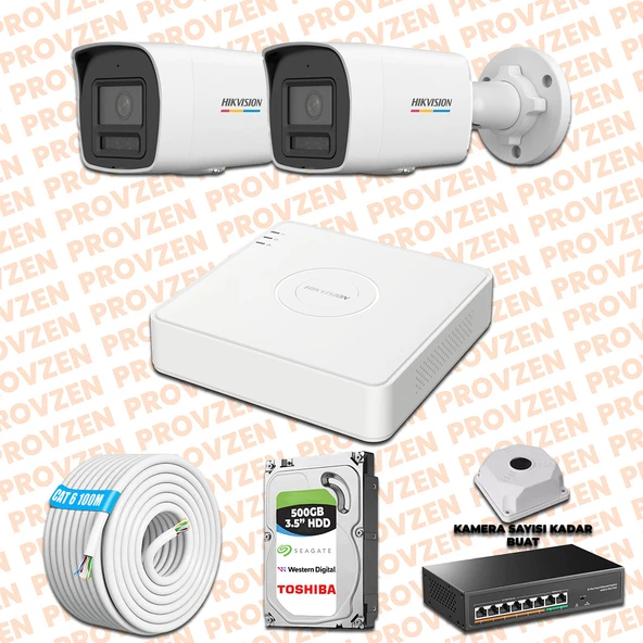 Provzen Hikvision 2 İp Kameralı Colorvu Hibrit Güvenlik Kamerası