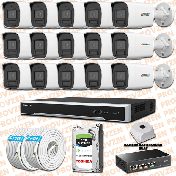 Provzen Hikvision 15 İp Kameralı Colorvu Hibrit Güvenlik Kamerası