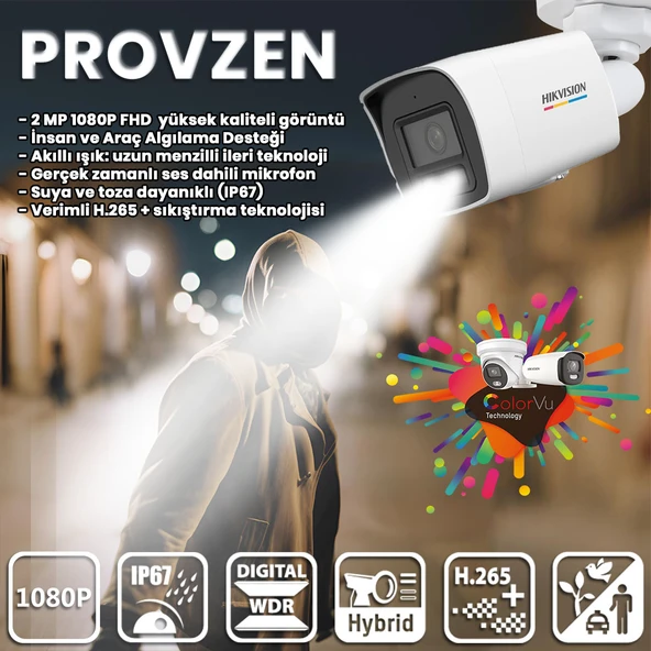 Provzen Hikvision 4 İp Kameralı Colorvu Hibrit Güvenlik Kamerası - 3