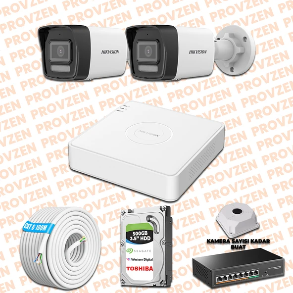 Provzen Hikvision İp 2 Kameralı Set 1080p Colorvu Mikrofonlu