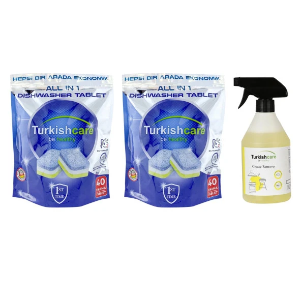 Turkishcare Bulaşık Makinesi Tableti 40 lı x 2 Ad + Ağır Yağ Sökücü Sprey 500 ml