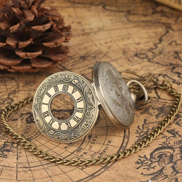 Valkyrie Vintage Roma Rakamlı Cep Saati Köstekli Saat Bakır SİYAH - 10