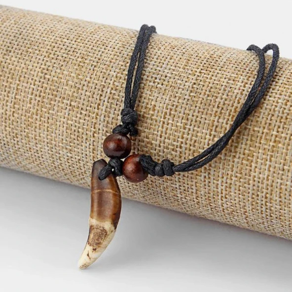 Doğal Tibet Beyaz 3-4cm Kurt Dişi Kolye Ayarlı İp Çift Boncuklu - 10