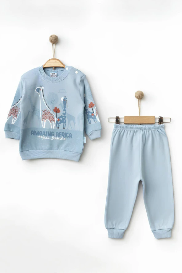 Unisex Bebek Pamuklu Baskılı 2'li Pijama Takımı 9-18 Aylık  Mavi 9 - 12 Ay