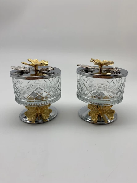 2'li Ayaklı Gümüş Timeless Cam Magnolia Kasesi, Kelebek Kapaklı Dondurmalık, Şekerlik, Çerezlik