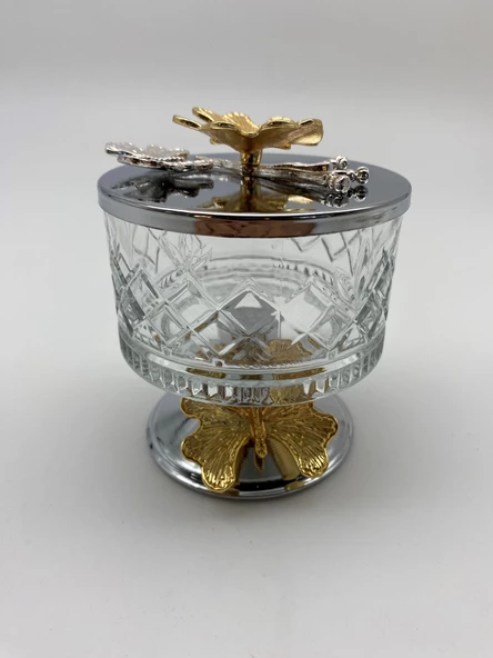 2'li Ayaklı Gümüş Timeless Cam Magnolia Kasesi, Kelebek Kapaklı Dondurmalık, Şekerlik, Çerezlik - 2