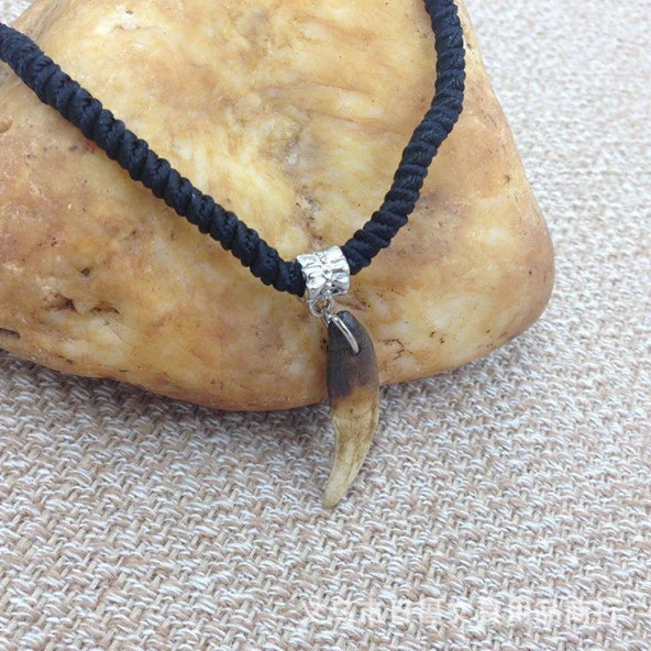 Doğal Tibet 3-4cm Kurt Dişi Kolye Brown Ayarlı Örgü İp 2 Boncuk - 5