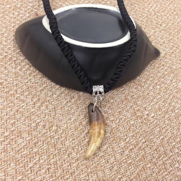 Doğal Tibet 3-4cm Kurt Dişi Kolye Brown Ayarlı Örgü İp 2 Boncuk - 9