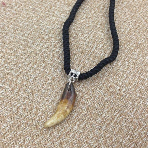 Doğal Tibet 3-4cm Kurt Dişi Kolye Brown Ayarlı Örgü İp 2 Boncuk - 11