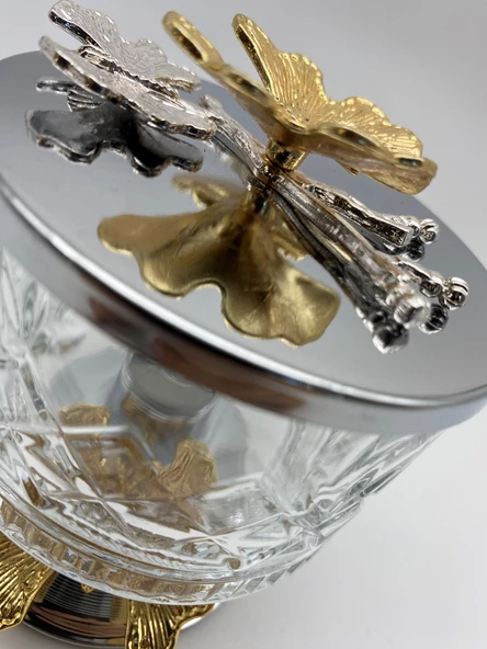 2'li Ayaklı Gümüş Timeless Cam Magnolia Kasesi, Kelebek Kapaklı Dondurmalık, Şekerlik, Çerezlik - 4