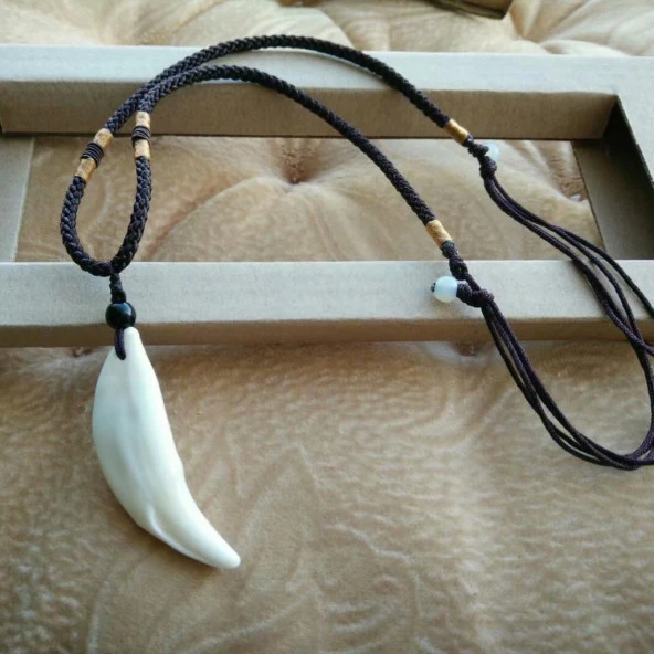 Doğal Tibet 3-4cm Kurt Dişi Kolye Beyaz Ayarlı Kordon İp 2 Boncuk - 5