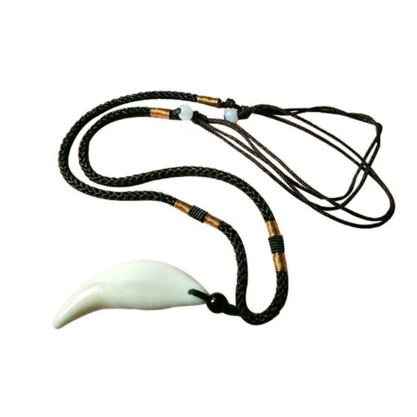 Doğal Tibet 3-4cm Kurt Dişi Kolye Beyaz Ayarlı Kordon İp 2 Boncuk - 8