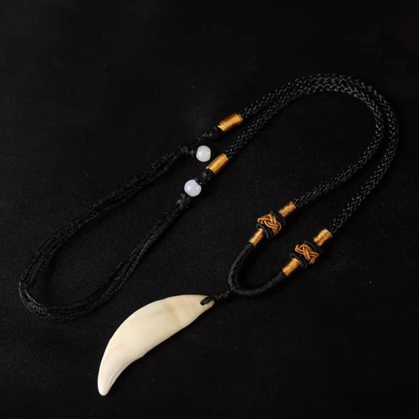 Doğal Tibet 3-4cm Kurt Dişi Kolye Beyaz Ayarlı Kordon İp 2 Boncuk - 12