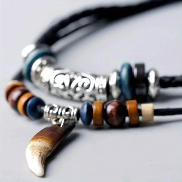 Doğal Tibet 3-4cm Kurt Dişi Muska Kolye Brown Ayarlı Boğma İp - 11