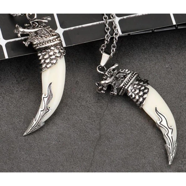 Doğal Tibet 7cm Kurt Dişi Kolye Beyaz Yele Ayarlı Deri Örgü İp - 5