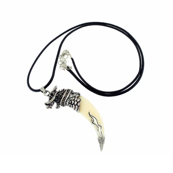 Doğal Tibet 7cm Kurt Dişi Kolye Beyaz Yele Ayarlı Deri Örgü İp - 6