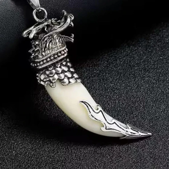 Doğal Tibet 7cm Kurt Dişi Kolye Beyaz Yele Ayarlı Deri Örgü İp - 10