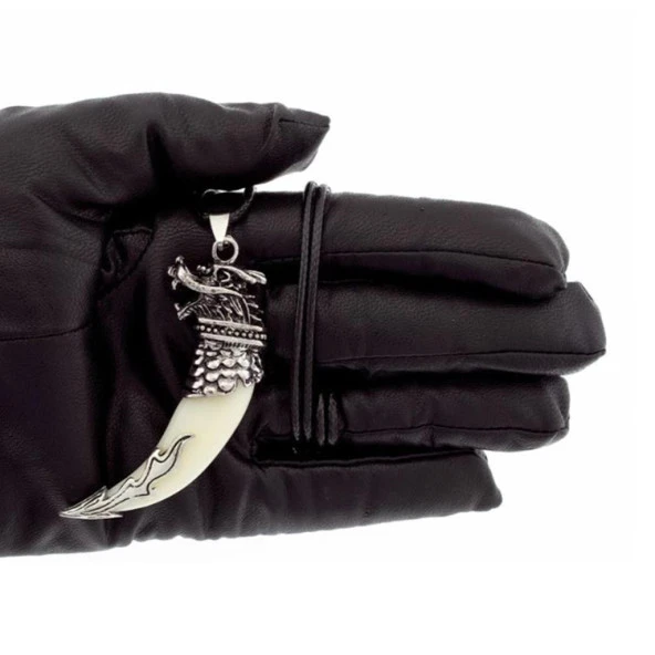 Doğal Tibet 7cm Kurt Dişi Kolye Beyaz Yele Ayarlı Deri Örgü İp - 11