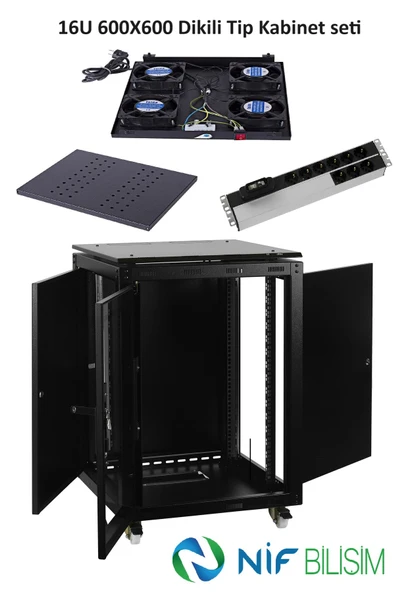 Ulusal 16U 600X600 Dikili Tip Kabinet seti Tekerlek Takımı 4lü Fan 9lu Priz Sabit Raf Dahil Set ürün görseli 1
