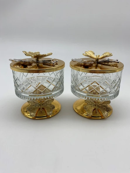 2'li Ayaklı Gold Timeless Cam Magnolia Kasesi, Kelebek Kapaklı Dondurmalık, Şekerlik, Çerezlik