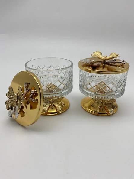 2'li Ayaklı Gold Timeless Cam Magnolia Kasesi, Kelebek Kapaklı Dondurmalık, Şekerlik, Çerezlik - 3