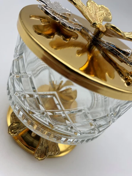 2'li Ayaklı Gold Timeless Cam Magnolia Kasesi, Kelebek Kapaklı Dondurmalık, Şekerlik, Çerezlik - 5