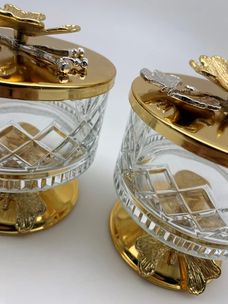 2'li Ayaklı Gold Timeless Cam Magnolia Kasesi, Kelebek Kapaklı Dondurmalık, Şekerlik, Çerezlik - 2