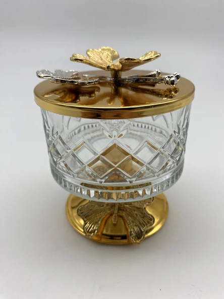 2'li Ayaklı Gold Timeless Cam Magnolia Kasesi, Kelebek Kapaklı Dondurmalık, Şekerlik, Çerezlik - 4