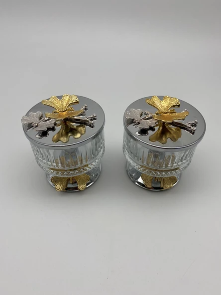 2'li Ayaklı Gümüş Elysia Cam Magnolia Kasesi, Kelebek Kapaklı Dondurmalık, Şekerlik, Çerezlik - 3