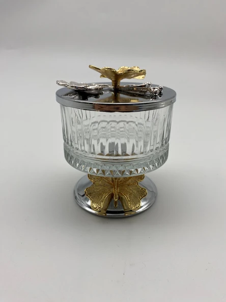 2'li Ayaklı Gümüş Elysia Cam Magnolia Kasesi, Kelebek Kapaklı Dondurmalık, Şekerlik, Çerezlik - 4