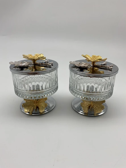 2'li Ayaklı Gümüş Elysia Cam Magnolia Kasesi, Kelebek Kapaklı Dondurmalık, Şekerlik, Çerezlik - 2