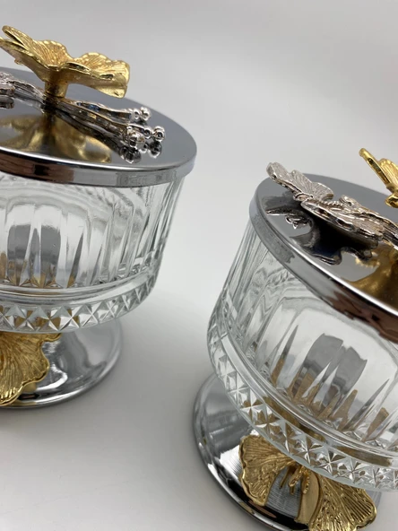 2'li Ayaklı Gümüş Elysia Cam Magnolia Kasesi, Kelebek Kapaklı Dondurmalık, Şekerlik, Çerezlik