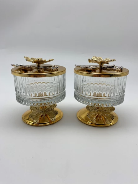 2'li Ayaklı Gold Elysia Cam Magnolia Kasesi, Kelebek Kapaklı Dondurmalık, Şekerlik, Çerezlik - 2