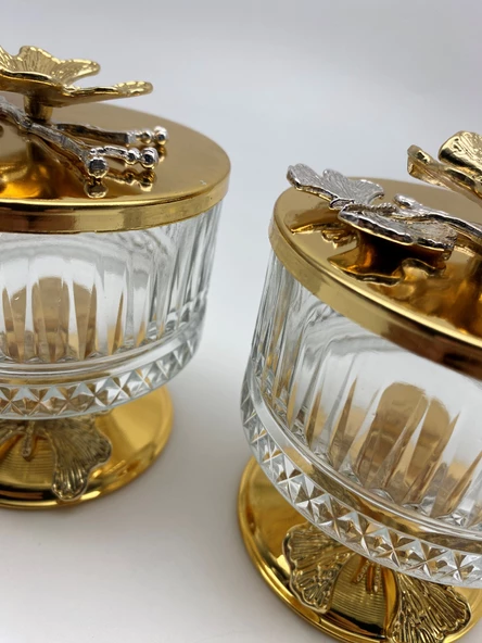 2'li Ayaklı Gold Elysia Cam Magnolia Kasesi, Kelebek Kapaklı Dondurmalık, Şekerlik, Çerezlik