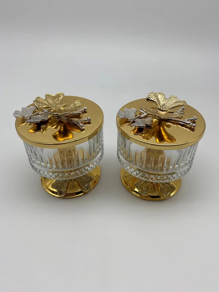 2'li Ayaklı Gold Elysia Cam Magnolia Kasesi, Kelebek Kapaklı Dondurmalık, Şekerlik, Çerezlik - 4