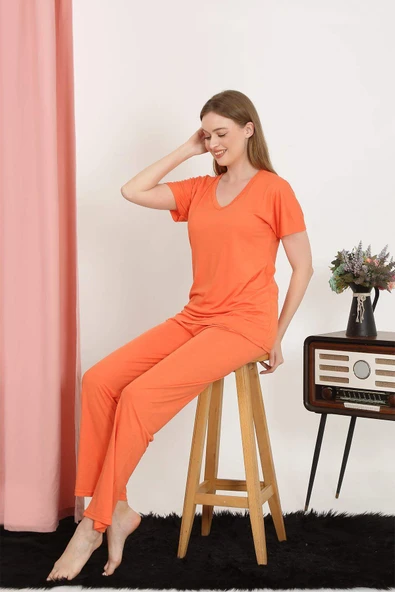 Kadın Kısa Kol Pamuk Penye Pijama Takım Turuncu 4213