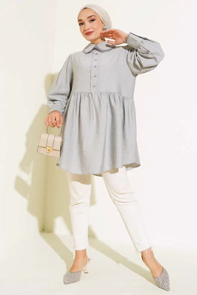 Bebe Yaka Dantelli Tunik Gri - 2