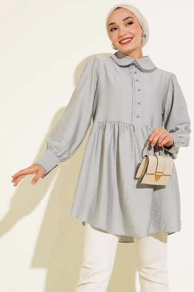 Bebe Yaka Dantelli Tunik Gri
