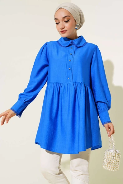 Bebe Yaka Dantelli Tunik Saks - 2
