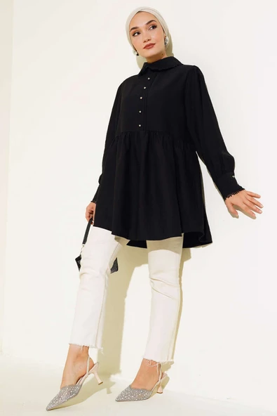 Bebe Yaka Dantelli Tunik Siyah - Resim 2