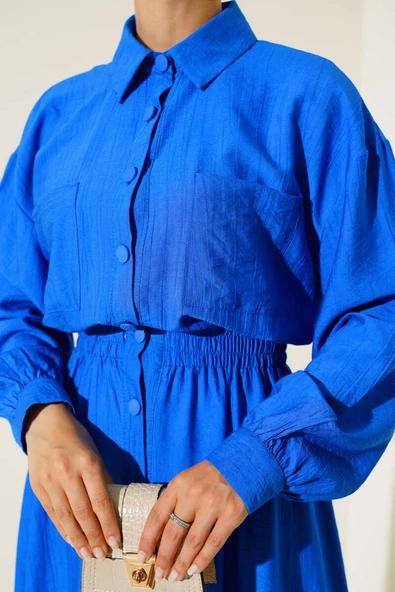 Boy Düğmeli Çift Cepli Elbise Saks - Resim 4