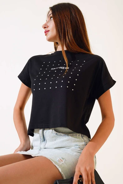 Happınes Pullu T-Shirt Siyah