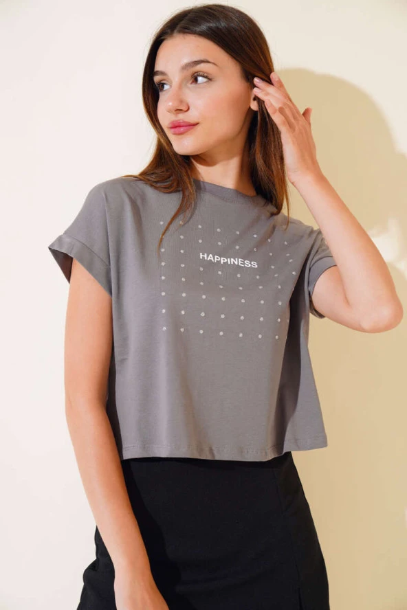 Happınes Pullu T-Shirt Füme