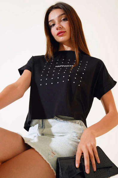 Happınes Pullu T-Shirt Siyah - 2