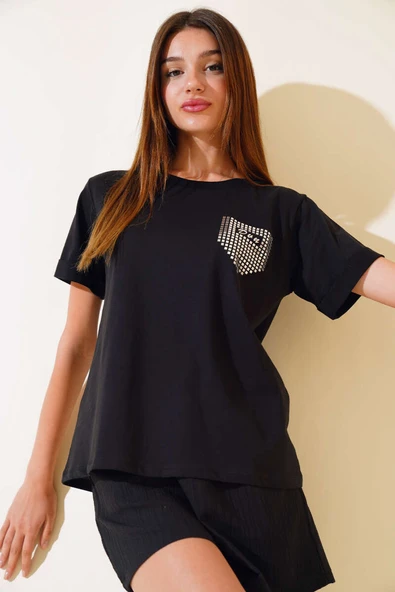 Dun İşlemeli T-shirt Siyah - Resim 2