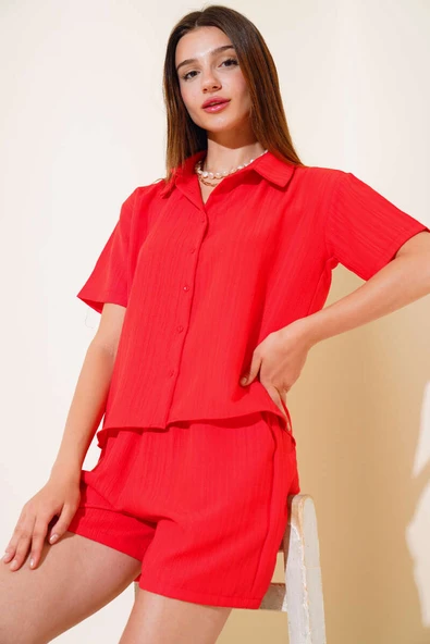 Gofre Şortlu Takım Kırmızı ürün görseli 1